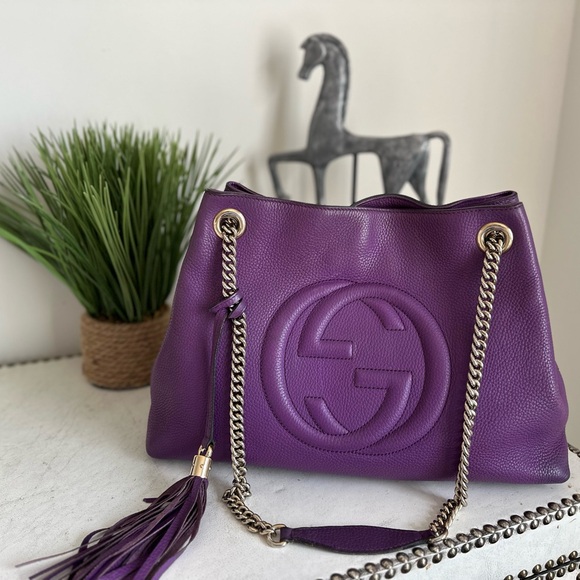 Gucci Soho Purple Pebbled Leather Shoulder Bag with Tassel and Chain Straps - Picture 6 of 11